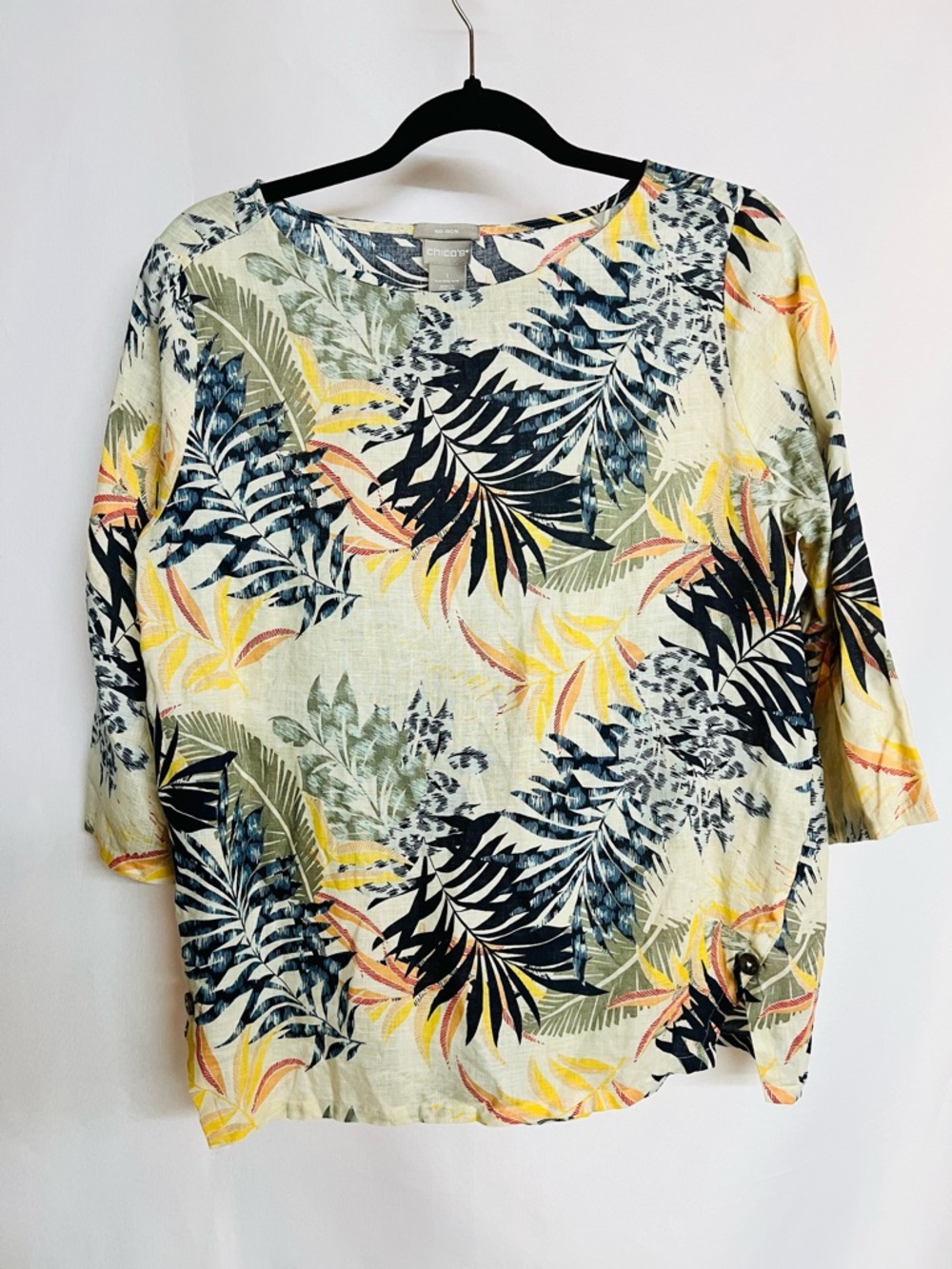 Chico's Cream Tropical Print 3/4 Sleeve Linen No Iron Women’s Tunic Blouse 1(M) - Picture 2 of 10